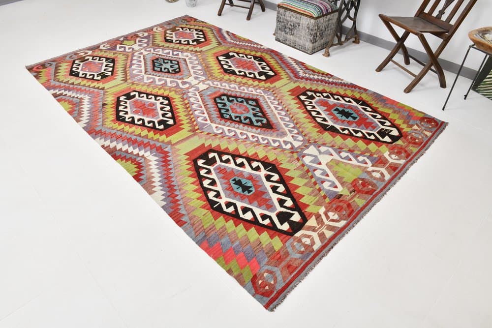 Kilim 186x305 cm, oliwkowy, czerwony, wełna, Turcja, lata 70. - 211351