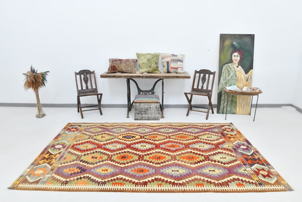 Kilim 172x293 cm, koralowy, oliwkowy, wełna, lata 70. - 211546