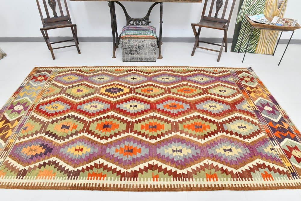 Kilim 172x293 cm, koralowy, oliwkowy, wełna, lata 70. - 211539
