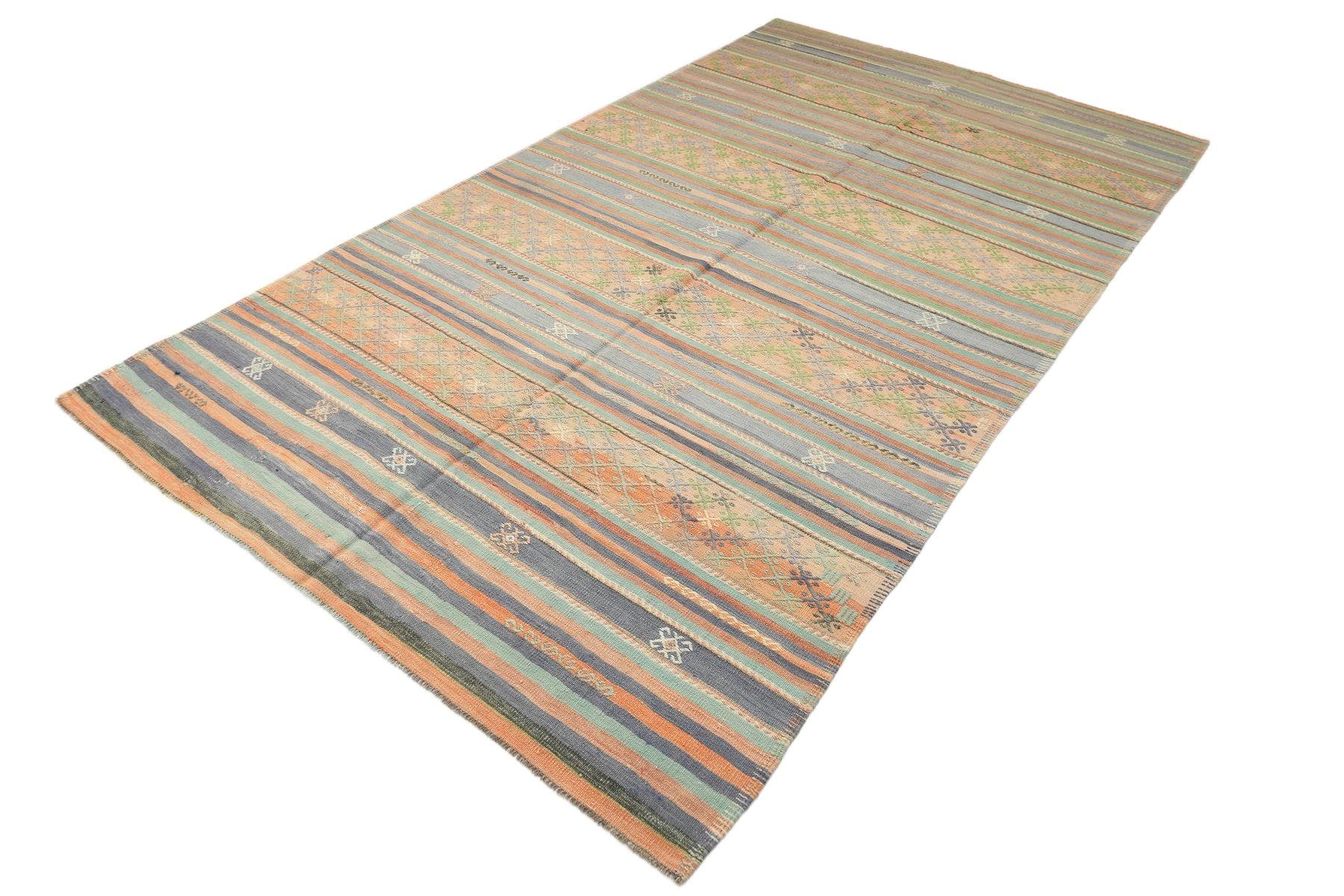 Kilim 185x326 cm, beżowy, niebieski, wełna, Turcja, lata 60.