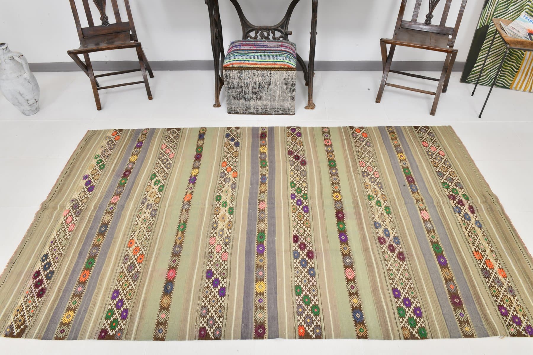 Kilim 241x139 cm, beżowy, wełna, Turcja, lata 60. - 211497