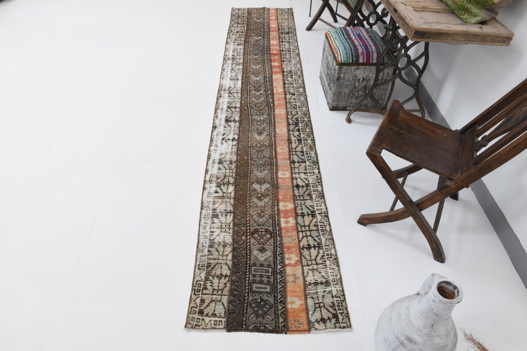 Chodnik 64x332 cm, brązowy, pomarańczowy, wełna, lata 60. - 211465