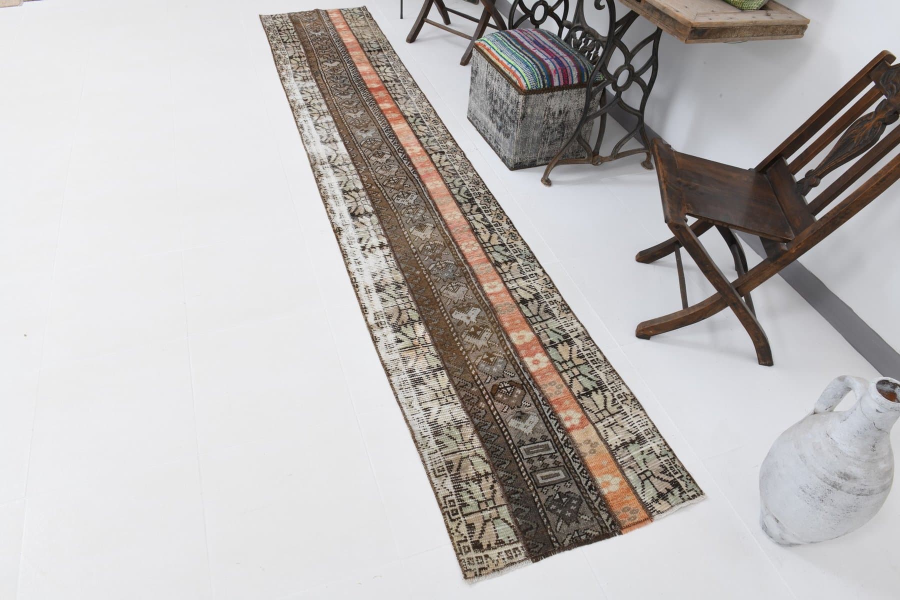 Chodnik 64x332 cm, brązowy, pomarańczowy, wełna, lata 60. - 211466