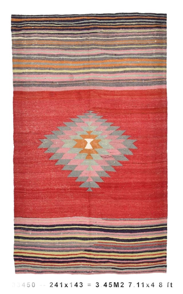 Kilim 241x143 cm, Red, Beige, Wool, 1970s - DIMENSION