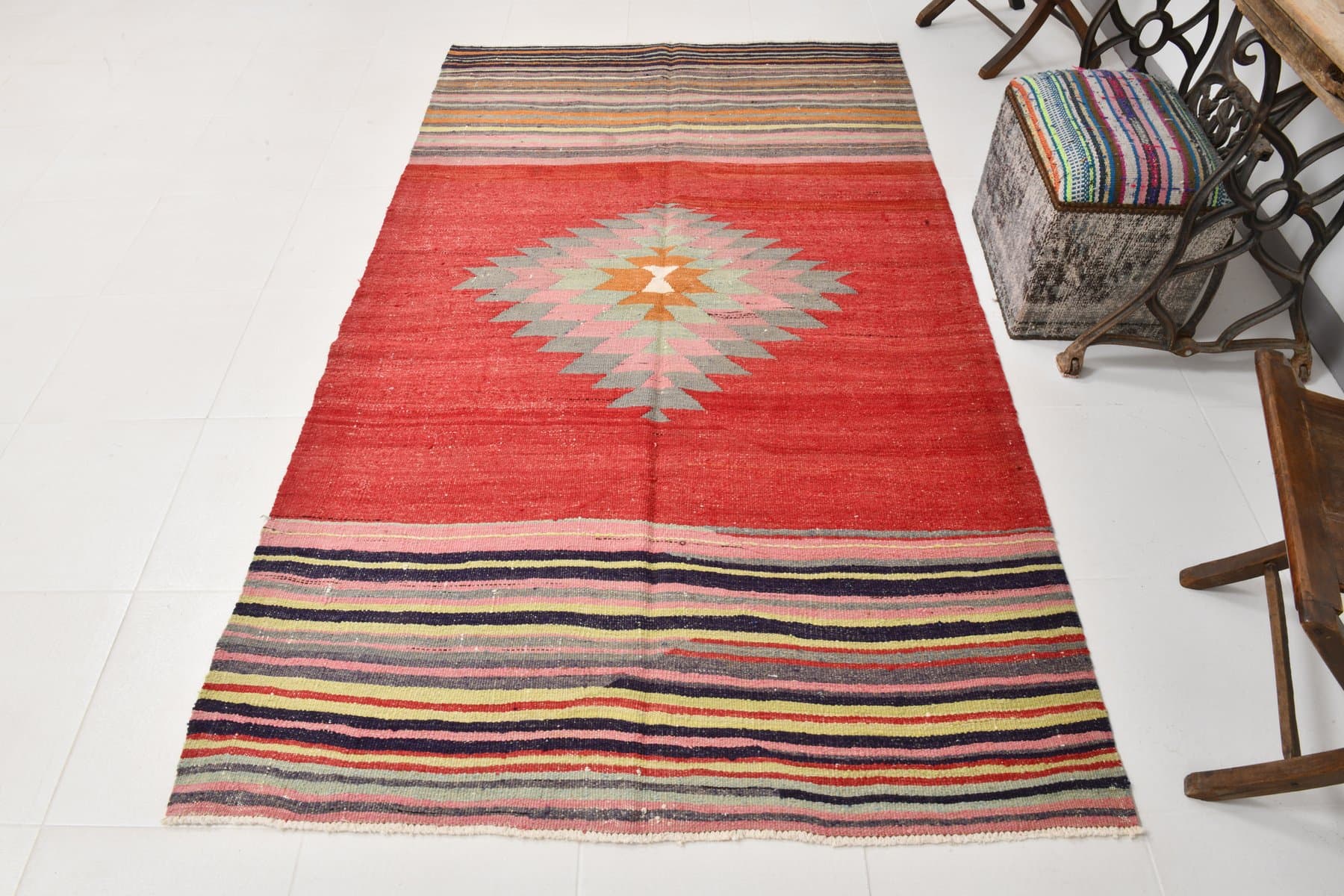 Kilim 241x143 cm, Red, Beige, Wool, 1970s - 211456