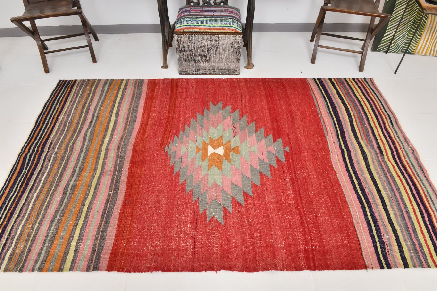 Kilim 241x143 cm, Red, Beige, Wool, 1970s - 211457