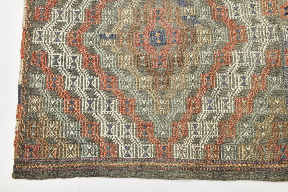 Kilim 178x310 cm, pomarańczowy, szary, wełna, lata 70. - 211436