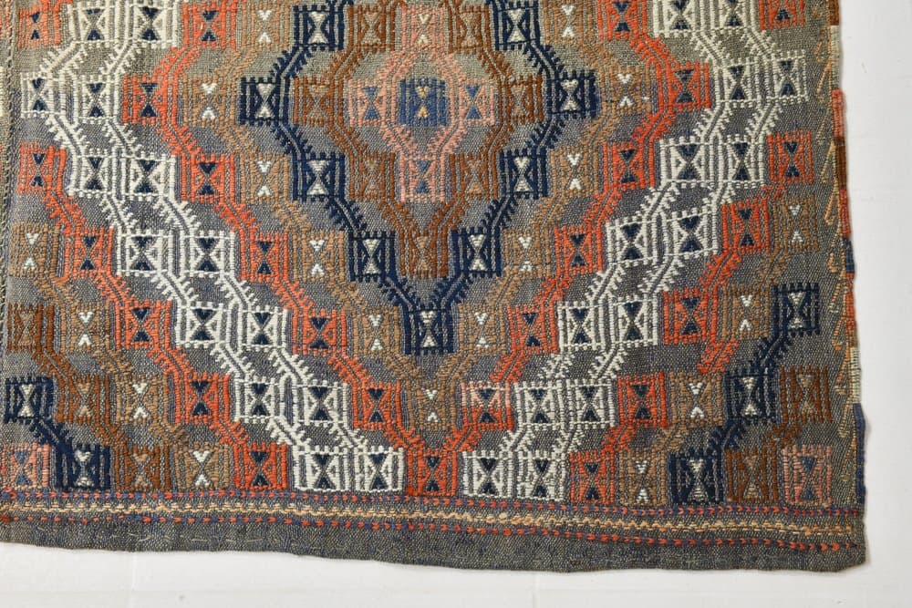 Kilim 178x310 cm, pomarańczowy, szary, wełna, lata 70. - 211437