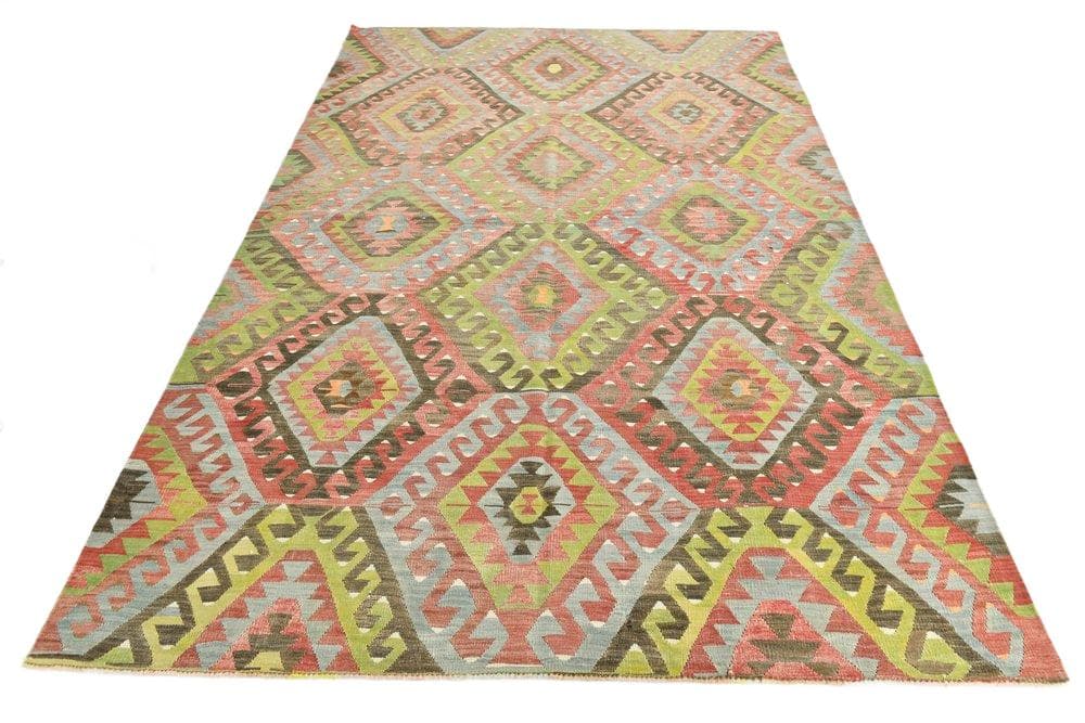 Kilim 182x300 cm, zielony, czerwony, bawełna, lata 60.