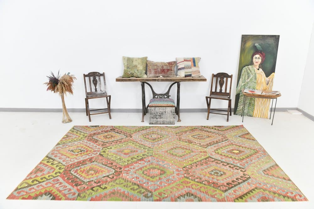 Kilim 182x300 cm, zielony, czerwony, bawełna, lata 60. - 211422