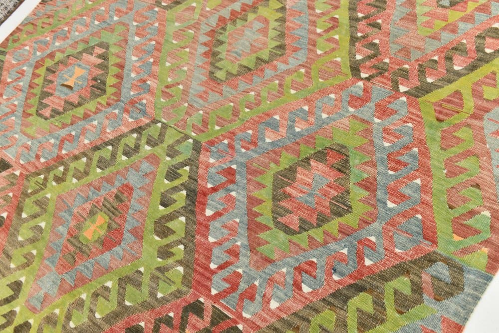 Kilim 182x300 cm, zielony, czerwony, bawełna, lata 60. - 211423