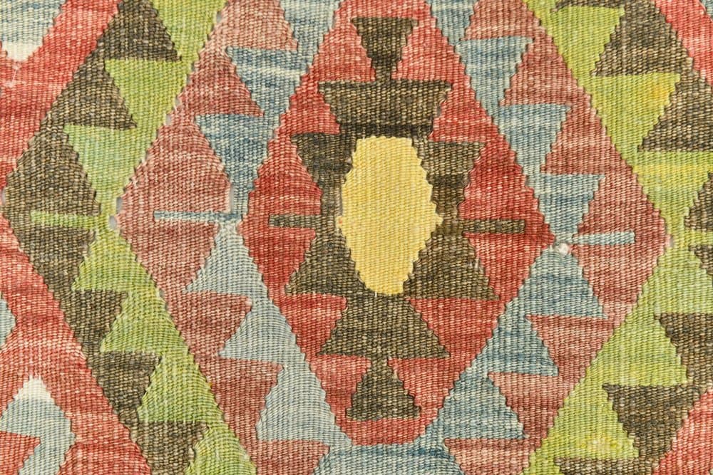 Kilim 182x300 cm, zielony, czerwony, bawełna, lata 60. - 211428