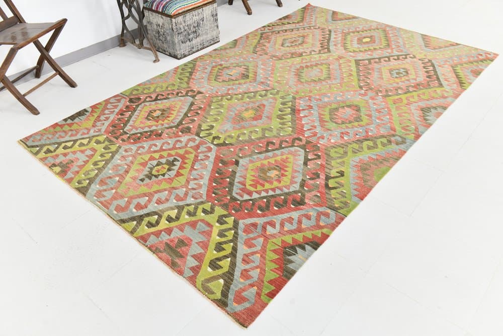 Kilim 182x300 cm, zielony, czerwony, bawełna, lata 60. - 211417