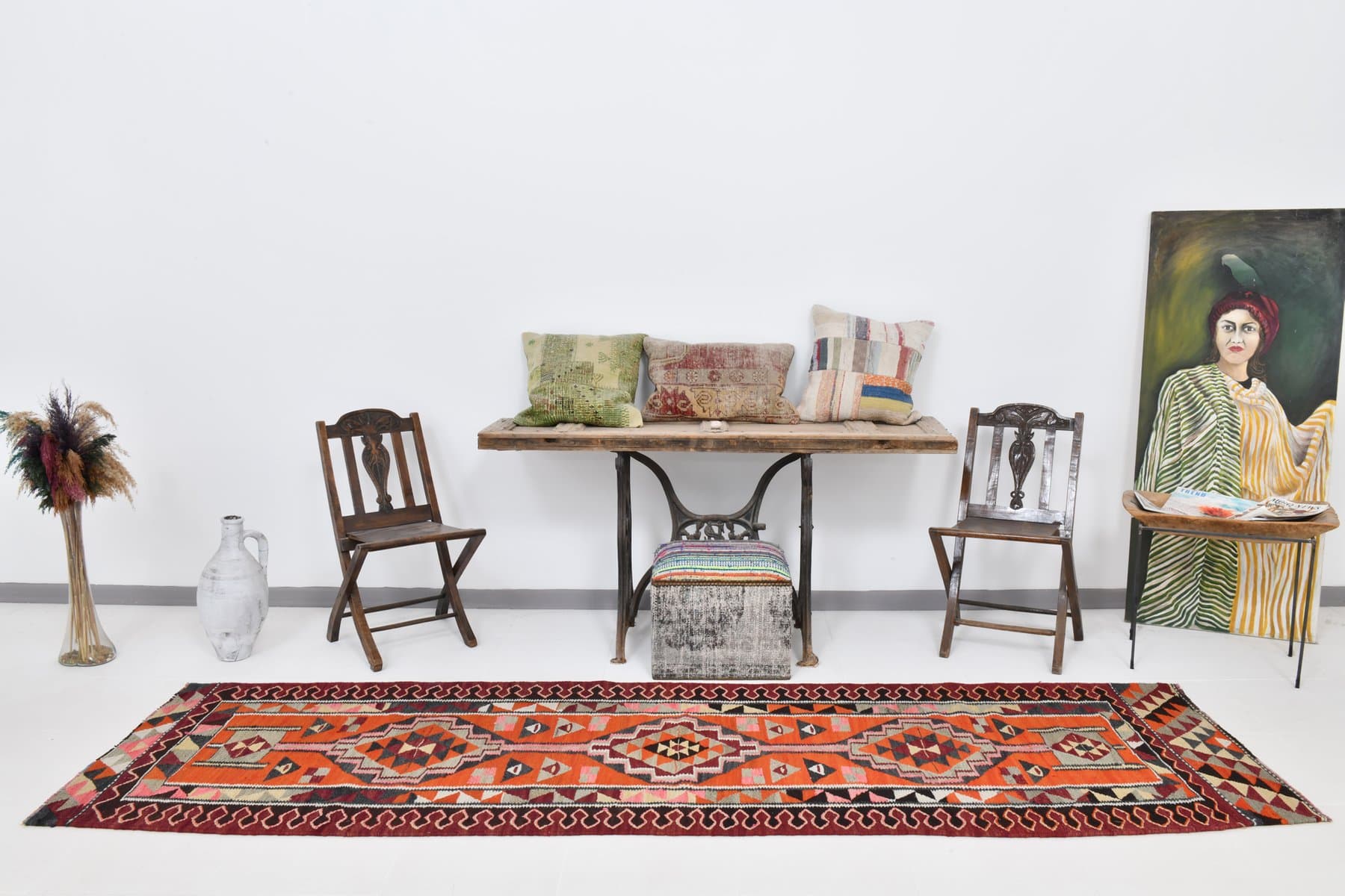 Kilim 327x94 cm, czerwony, pomarańczowy, wełna, Turcja, lata 60. - 212092