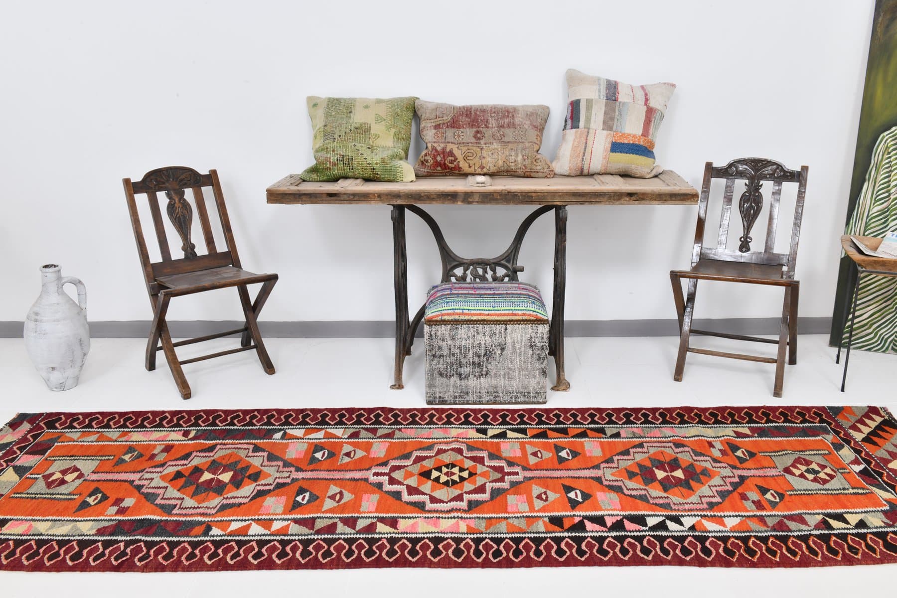 Kilim 327x94 cm, czerwony, pomarańczowy, wełna, Turcja, lata 60. - 212095