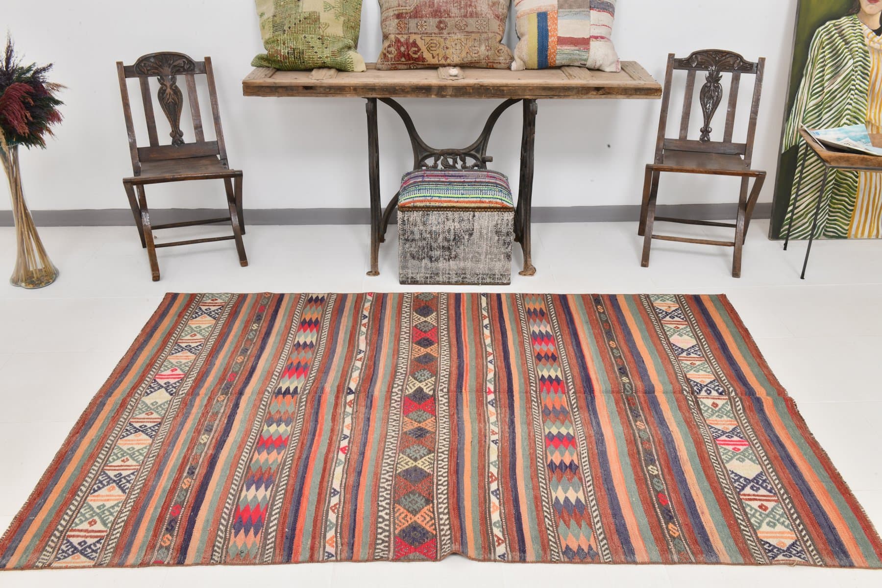 Kilim 225x142 cm, brązowy, niebieski, wełna, Turcja, lata 60. - 212040