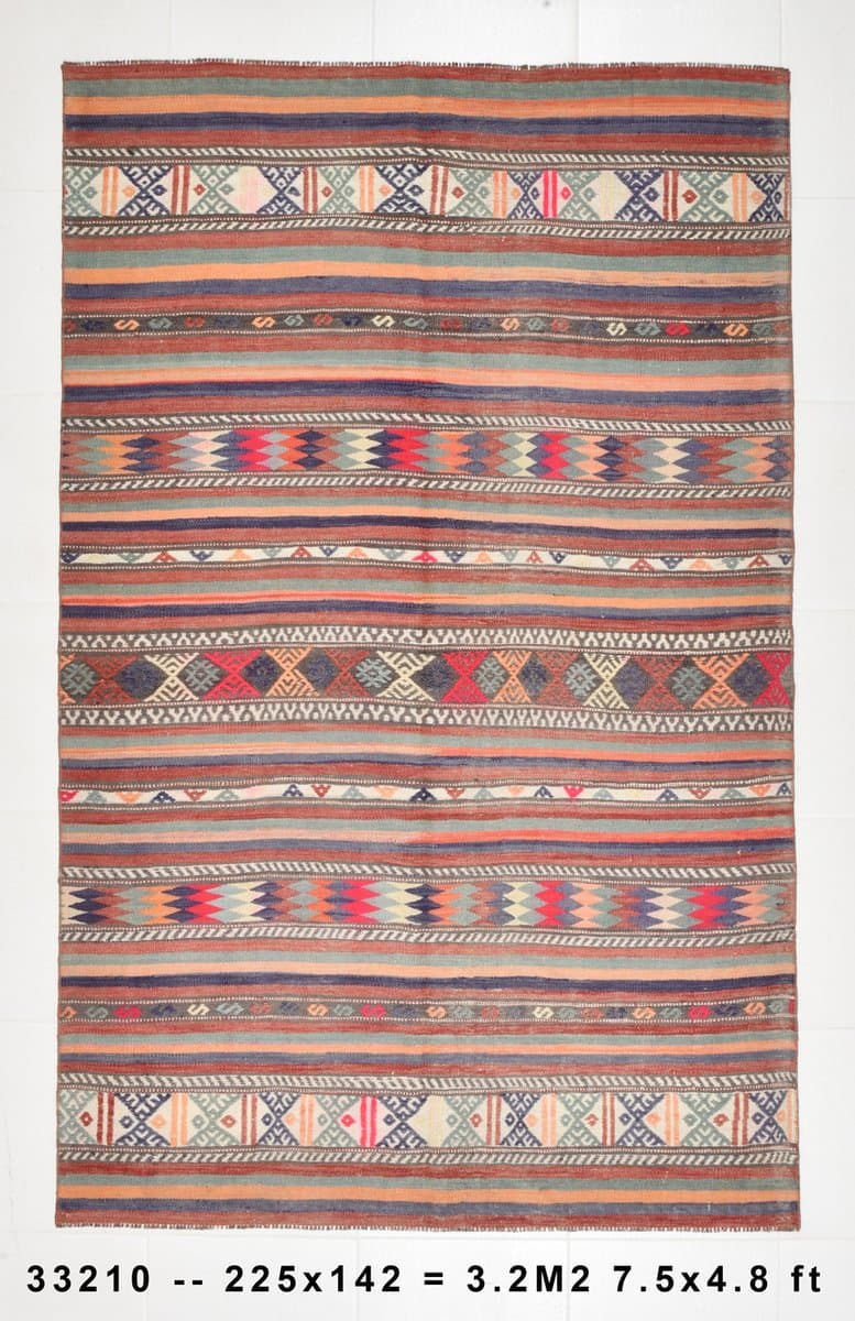 Kilim 225x142 cm, brązowy, niebieski, wełna, Turcja, lata 60. - 212038