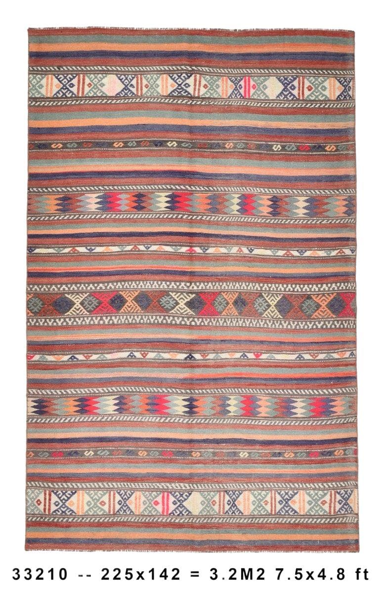 Kilim 225x142 cm, brązowy, niebieski, wełna, Turcja, lata 60.