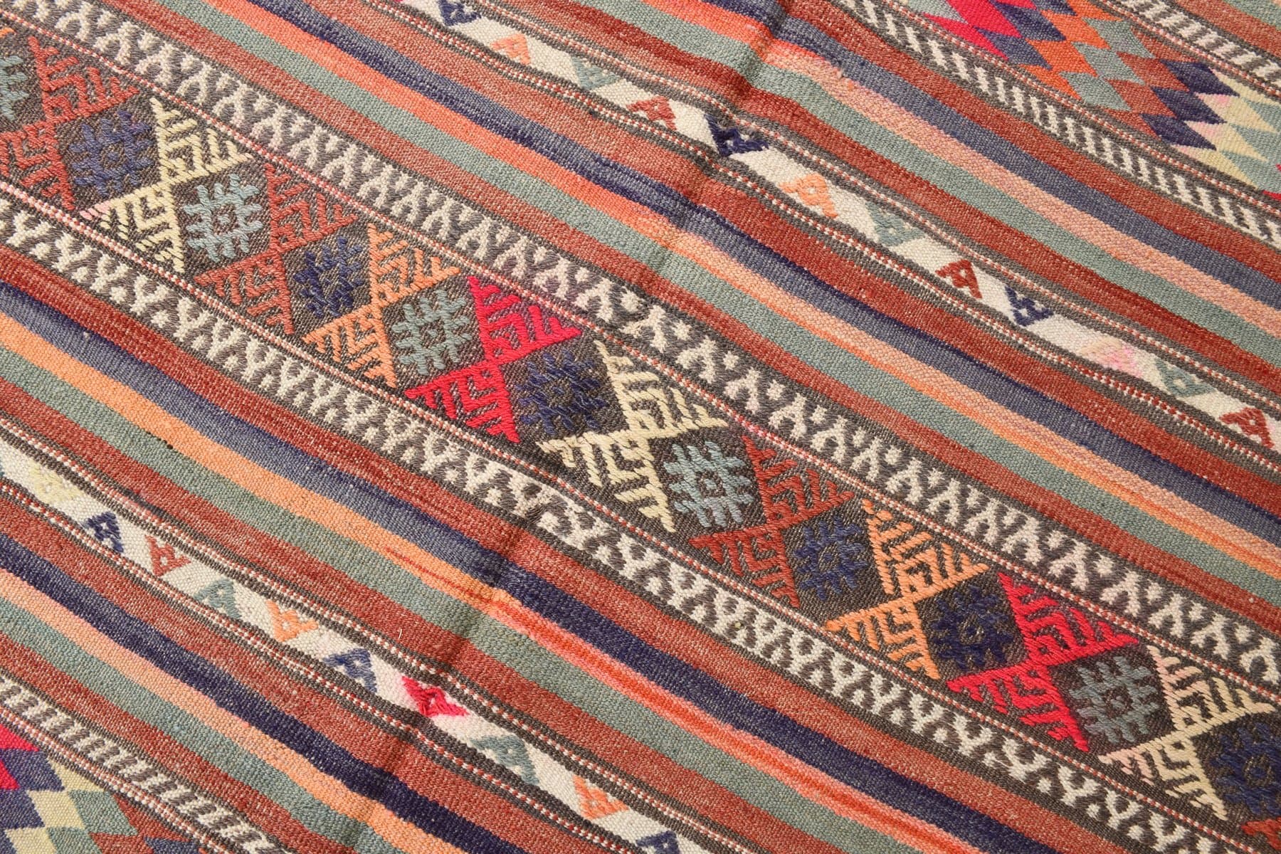 Kilim 225x142 cm, brązowy, niebieski, wełna, Turcja, lata 60. - 212042
