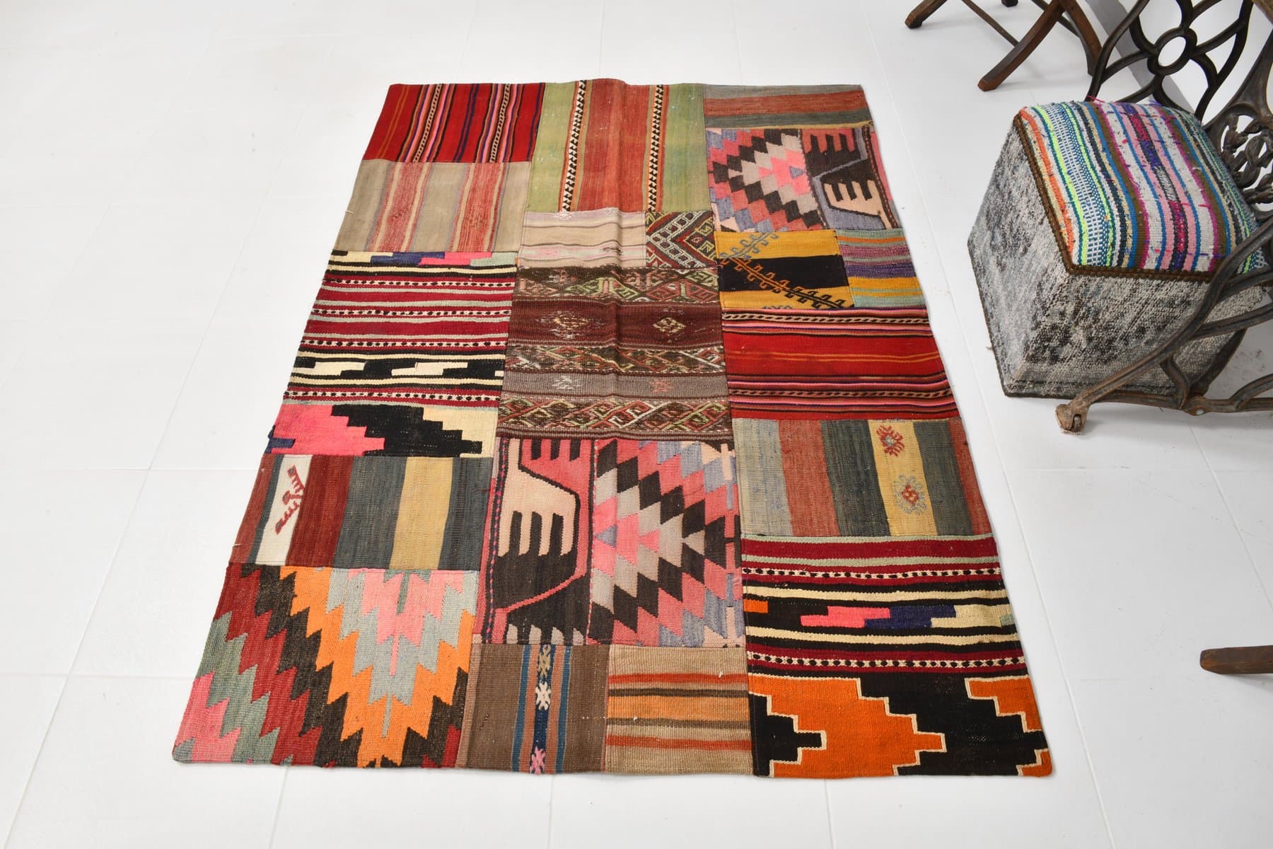 Kilim 133x183 cm, brązowy, zielony, wełna, lata 70. - 212006