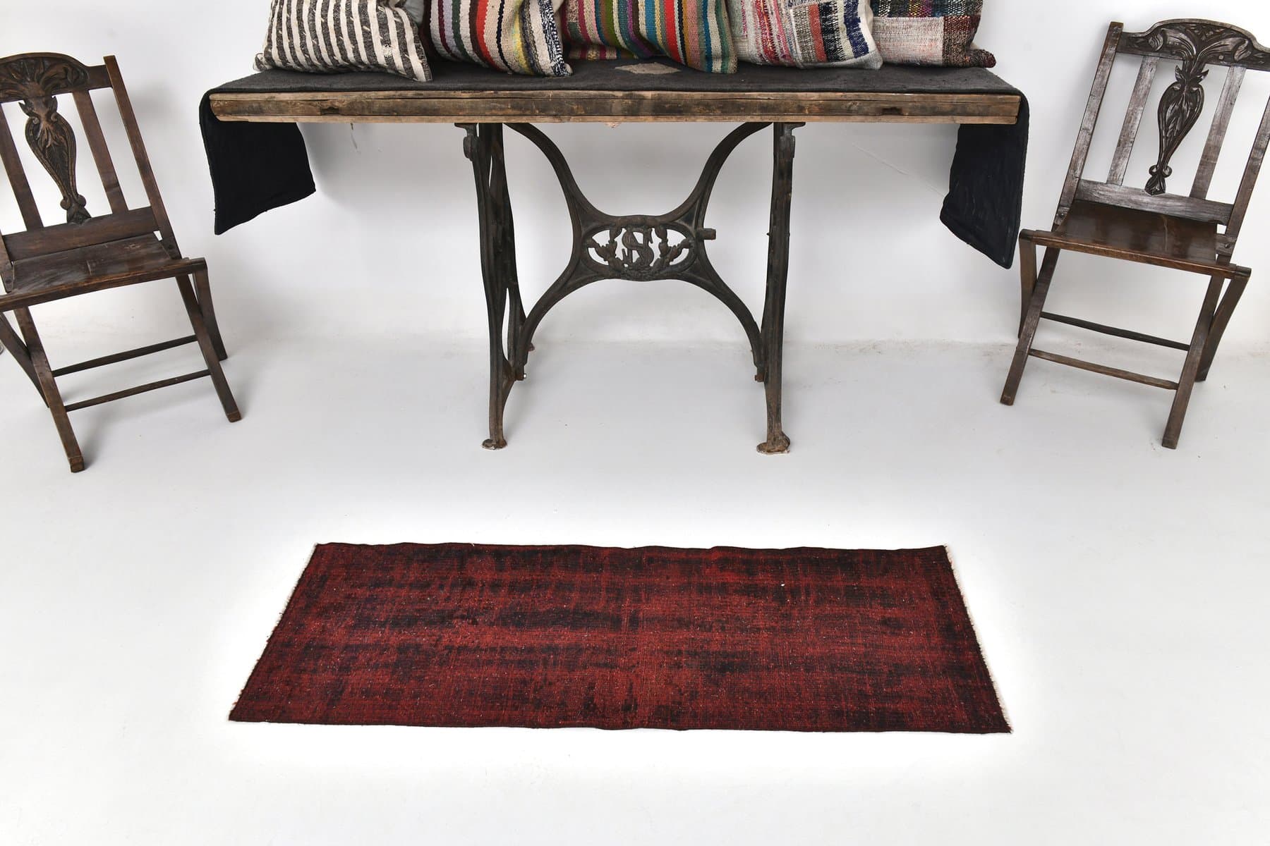 Runner Rug 128x46 cm, Maroon, Wool, 1970s - 211992