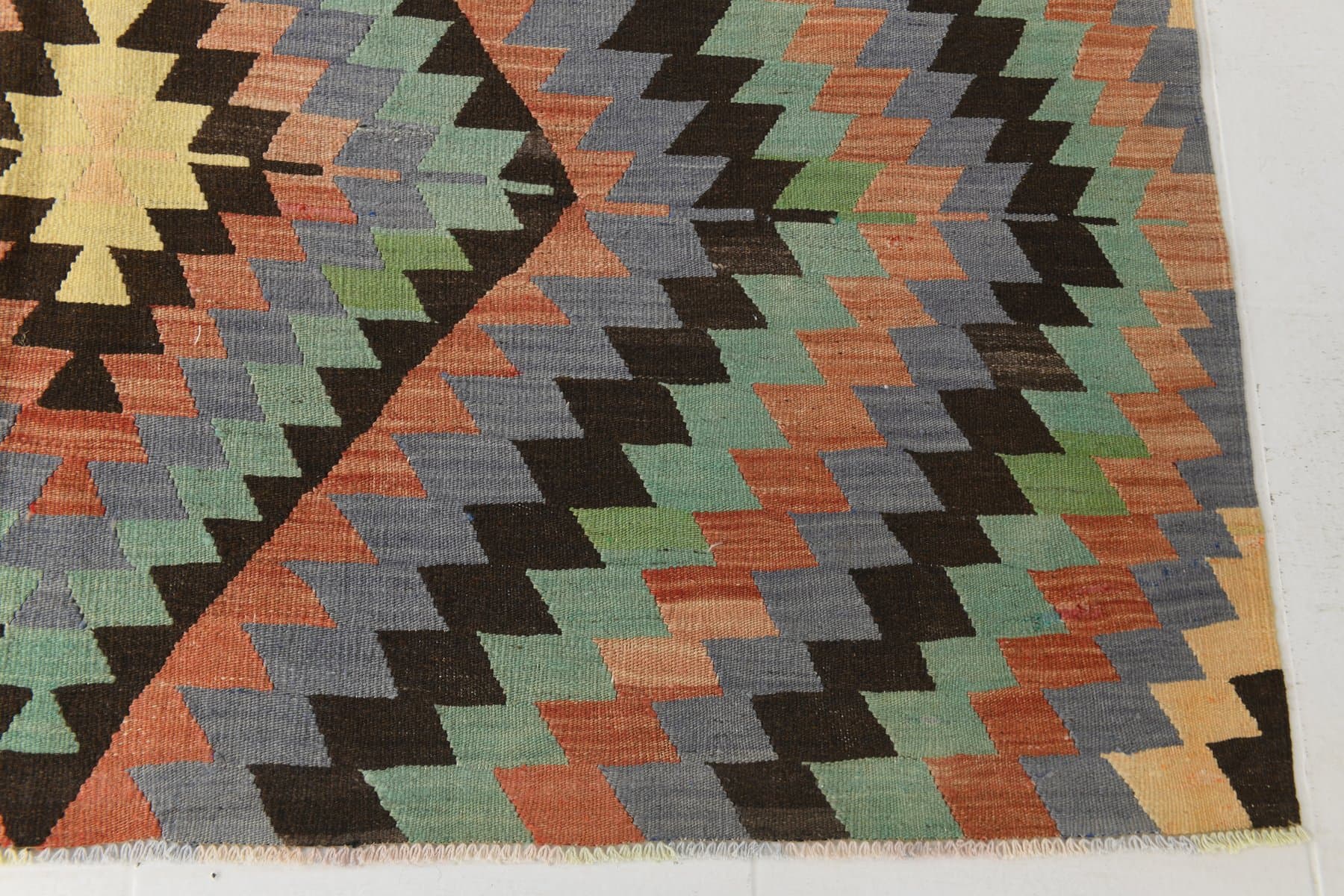 Kilim 182x303 cm, zielony, beżowy, wełna, lata 70. - 211986