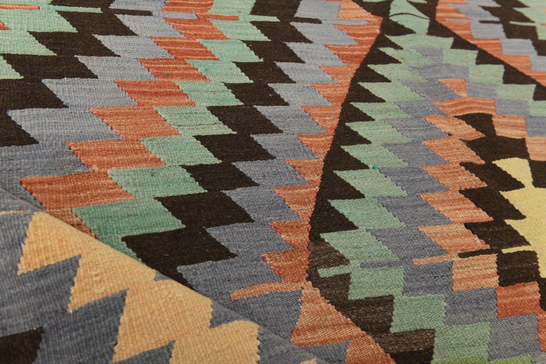 Kilim 182x303 cm, zielony, beżowy, wełna, lata 70. - 211977