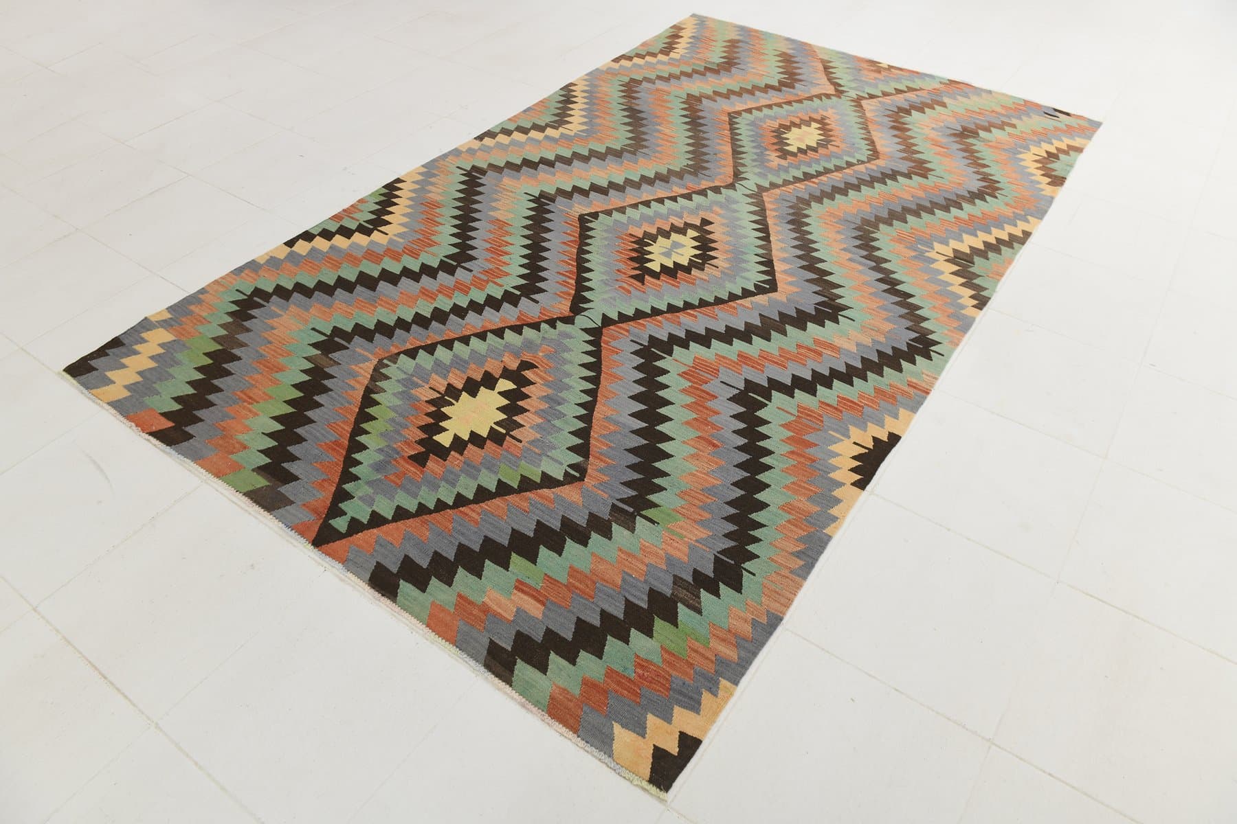 Kilim 182x303 cm, zielony, beżowy, wełna, lata 70. - 211979