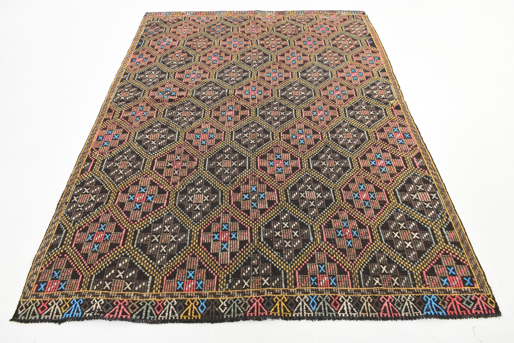 Kilim 193x262 cm, brązowy, żółty, wełna, lata 60. - 211929