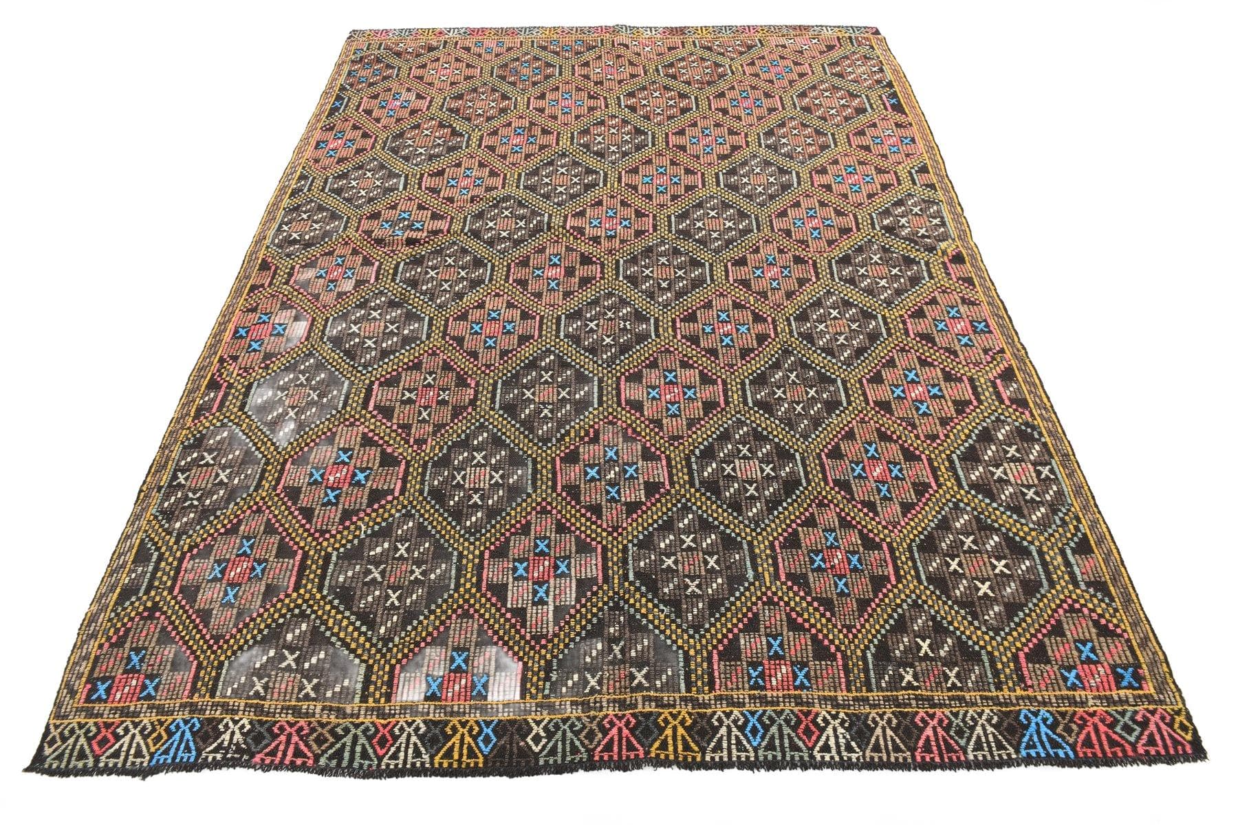Kilim 193x262 cm, brązowy, żółty, wełna, lata 60.