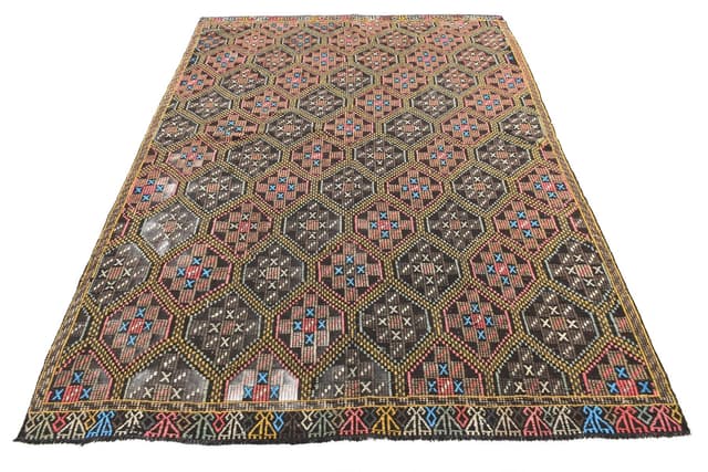 Kilim 193x262 cm, brązowy, żółty, wełna, lata 60. - WYMIARY