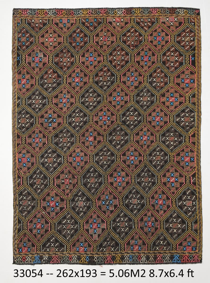 Kilim 193x262 cm, brązowy, żółty, wełna, lata 60. - 211930