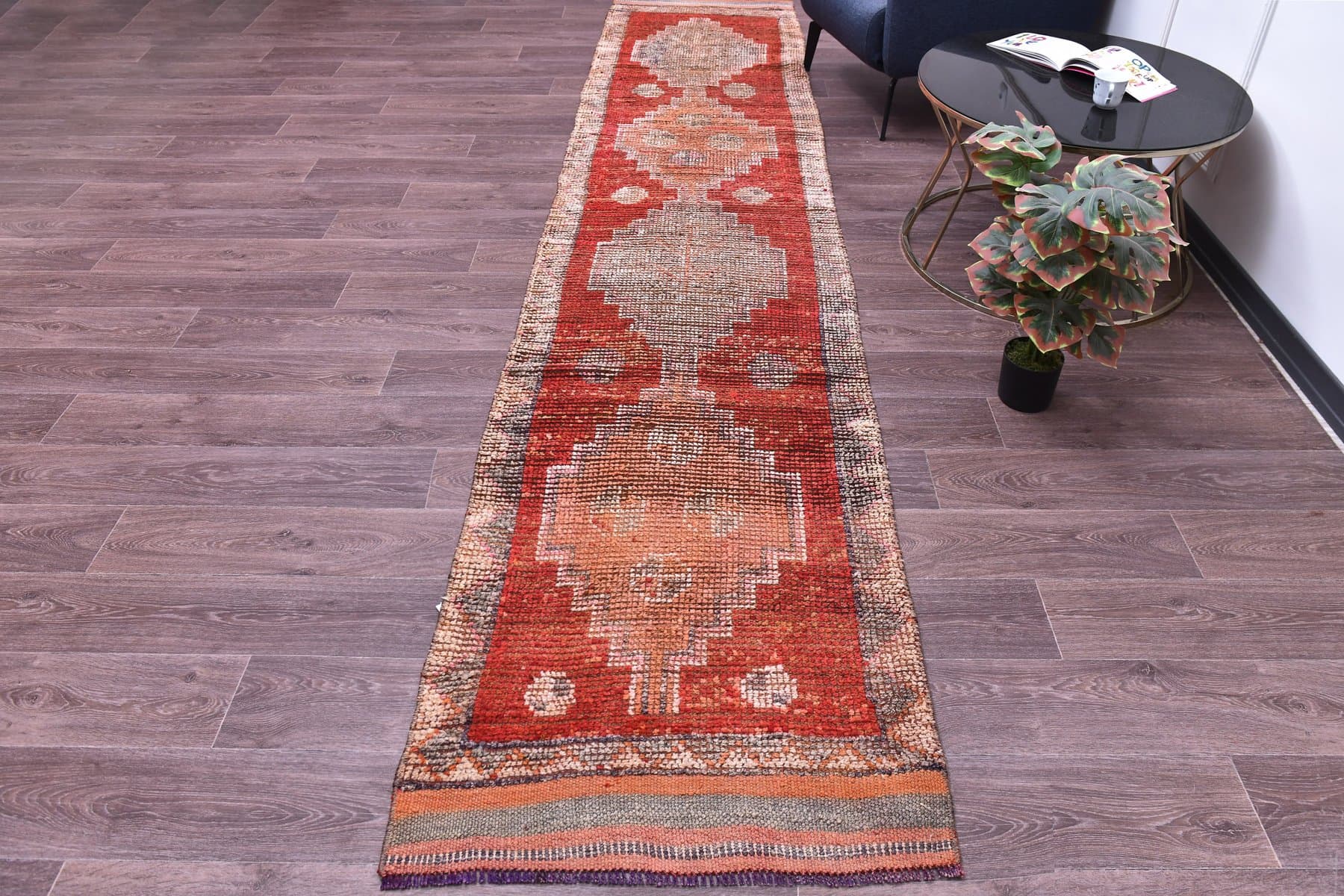 Chodnik 82x372 cm, czerwony, wełna, Turcja, lata 70. - 211848