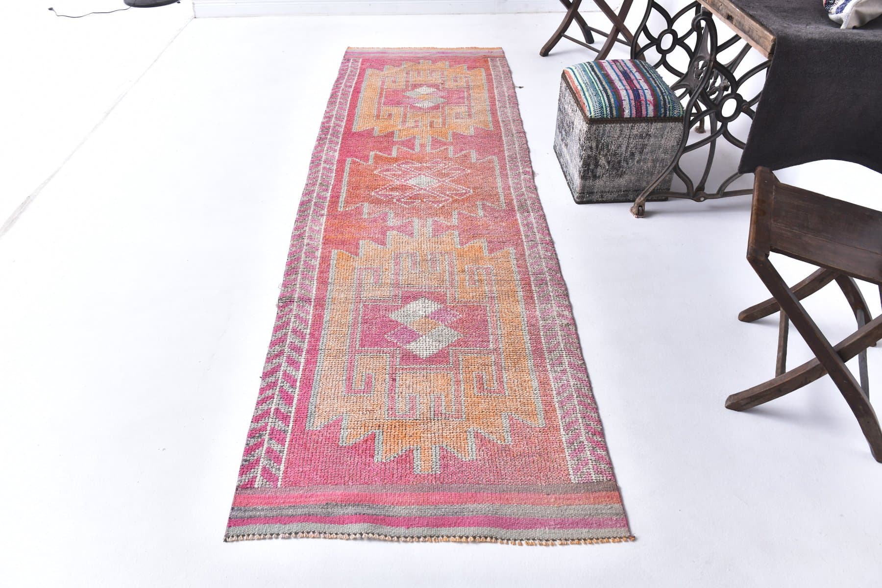 Chodnik 310x94 cm, różowy, żółty, wełna, lata 70. - 211745