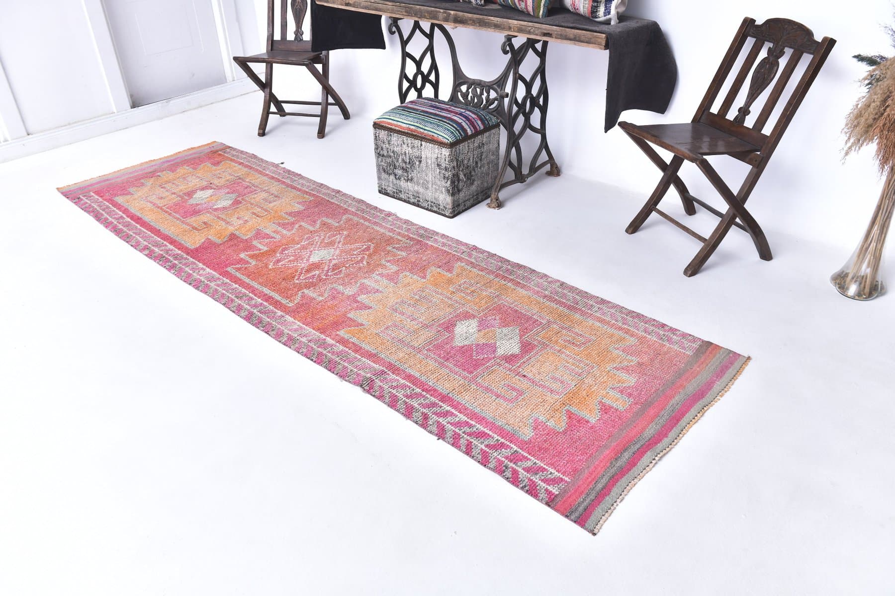 Chodnik 310x94 cm, różowy, żółty, wełna, lata 70. - 211753