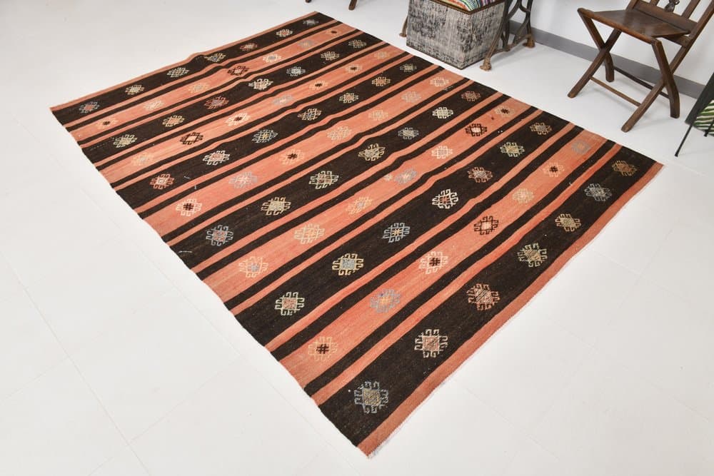 Kilim 256x194 cm, pomarańczowy, brązowy, wełna, Turcja, lata 60. - 211710