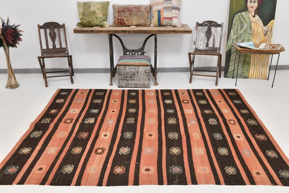 Kilim 256x194 cm, pomarańczowy, brązowy, wełna, Turcja, lata 60. - 211713