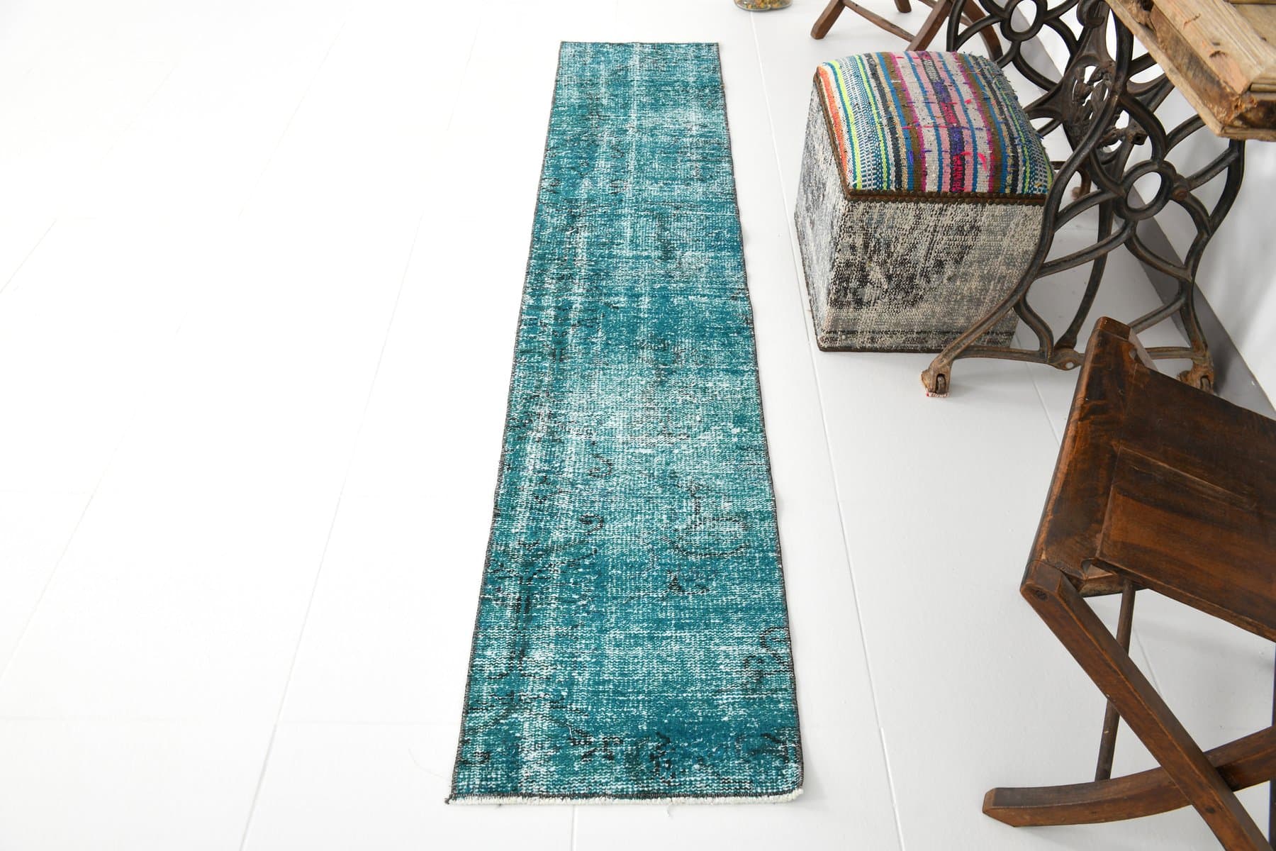 Runner 225x45 cm, turquoise, wool, 1970s - 211698