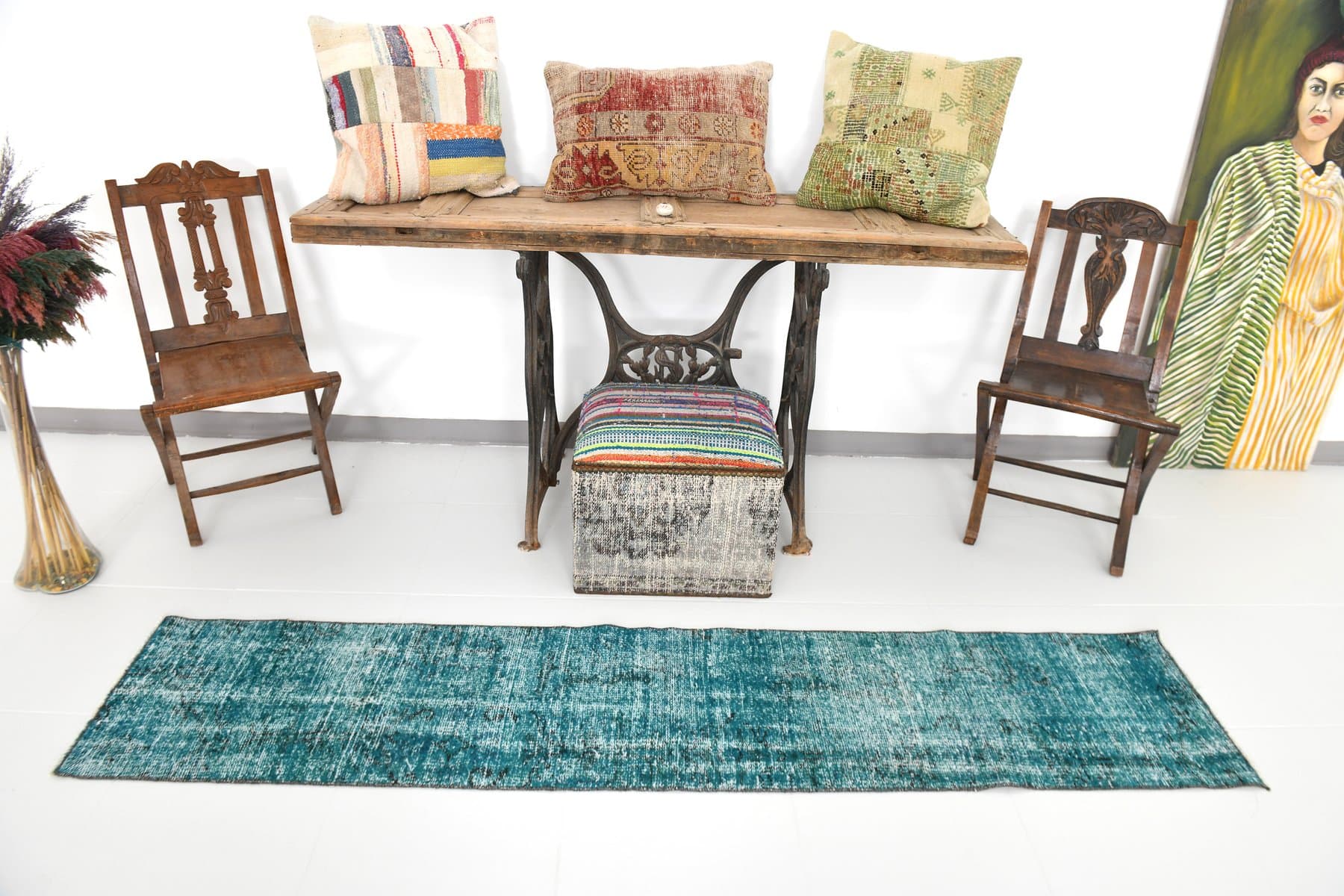 Runner 225x45 cm, turquoise, wool, 1970s - 211701