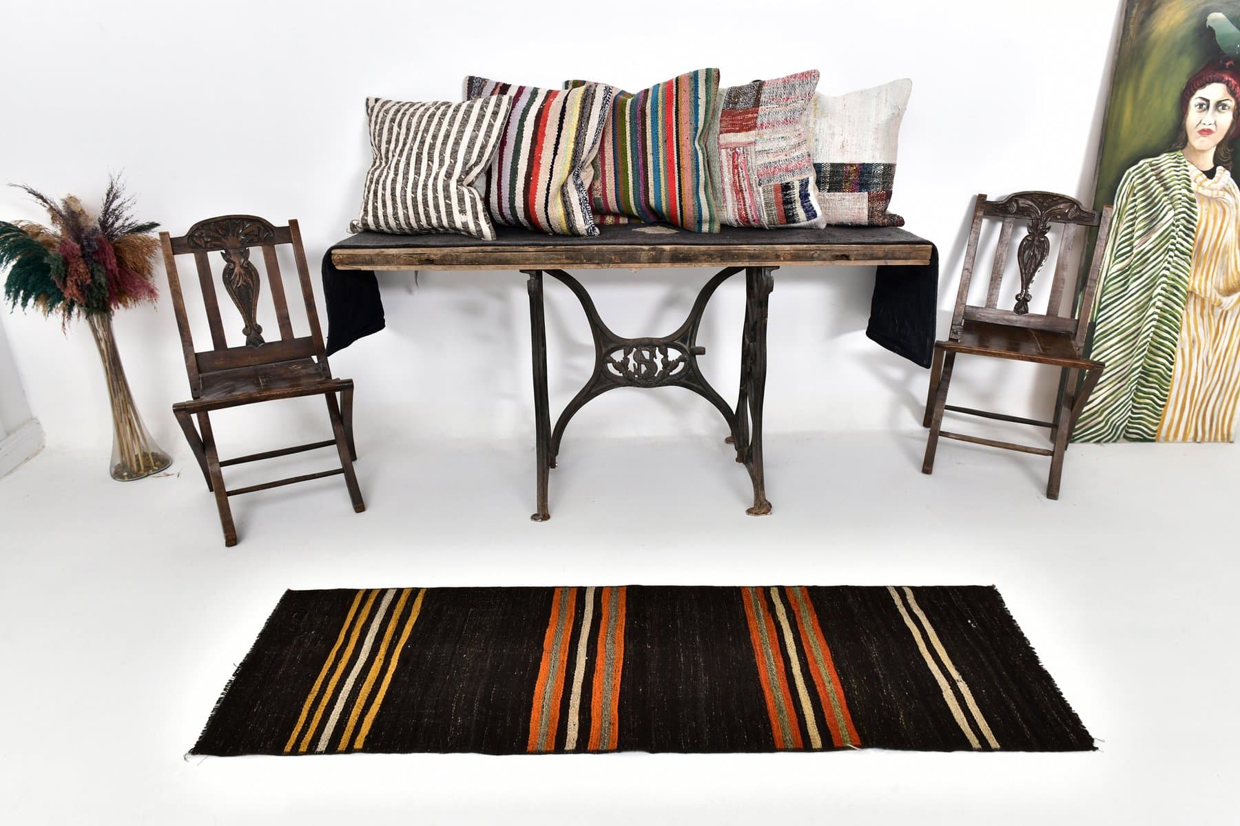 Kilim 56x148 cm, brązowy, wełna, Turcja, lata 60. - 211678