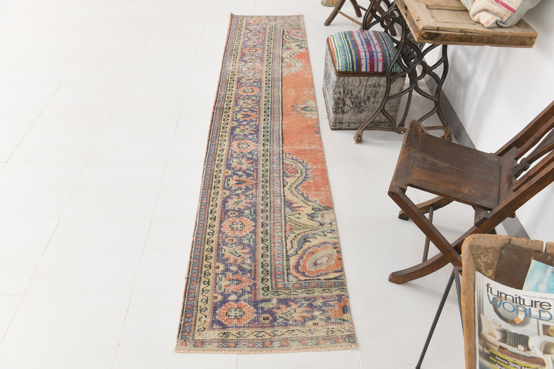 Chodnik 61x365 cm, koralowy, niebieski, wełna, lata 70. - 211646