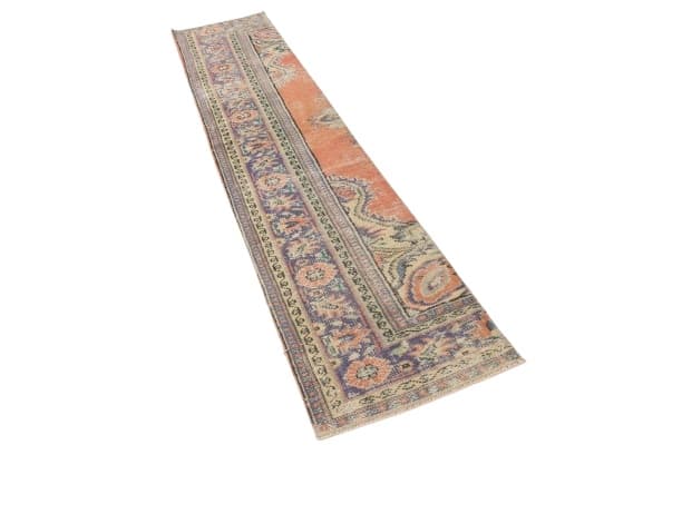 Chodnik 61x365 cm, koralowy, niebieski, wełna, lata 70.