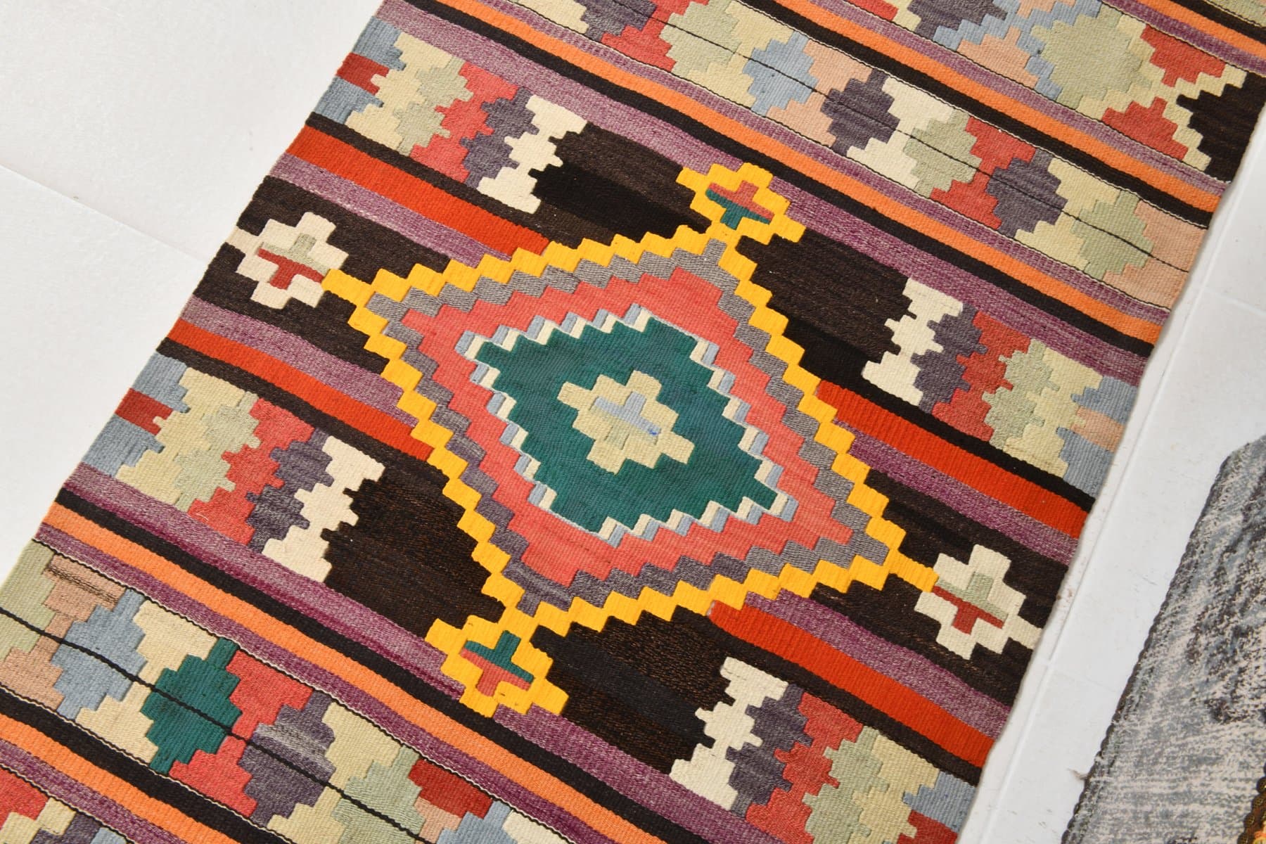 Kilim chodnik 85x363 cm, czerwony, turkusowy, wełna, lata 70. - 212559