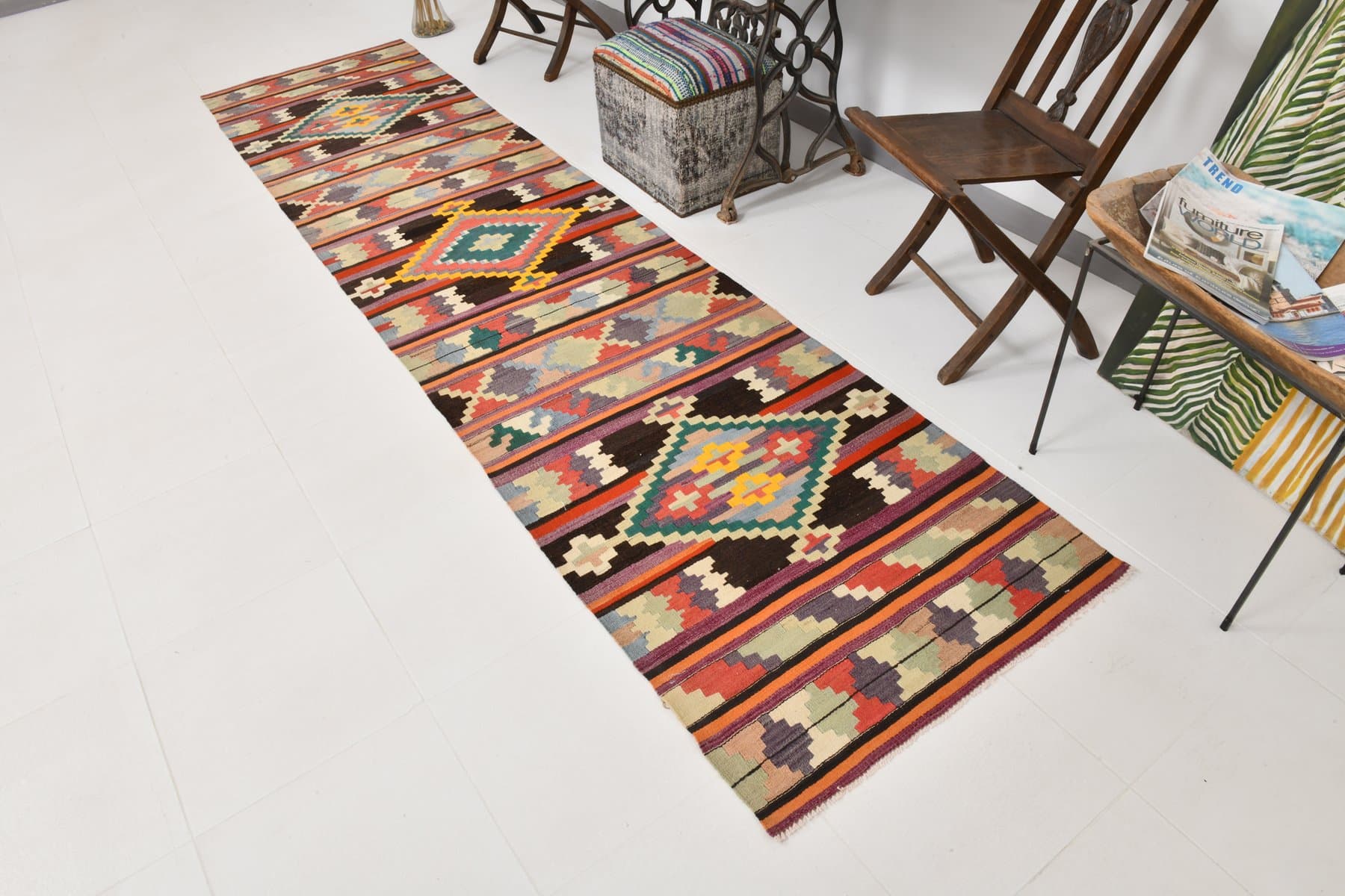 Kilim chodnik 85x363 cm, czerwony, turkusowy, wełna, lata 70. - 212557