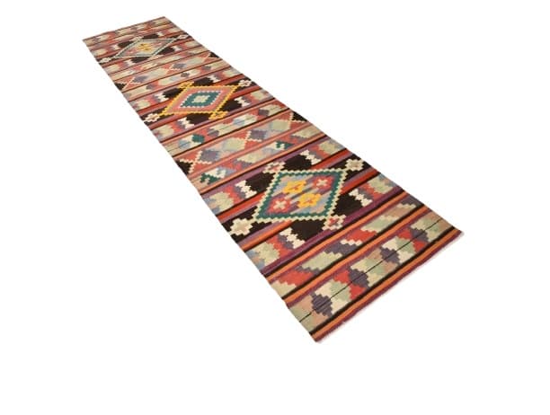 Kilim chodnik 85x363 cm, czerwony, turkusowy, wełna, lata 70. - WYMIARY