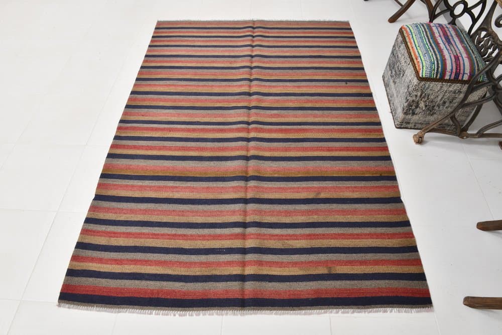 Kilim 147x209 cm, brązowy, granatowy, wełna, lata 70. - 212544