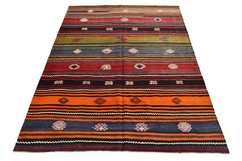 Kilim 208x147 cm, czarny, niebieski, wełna, lata 70.
