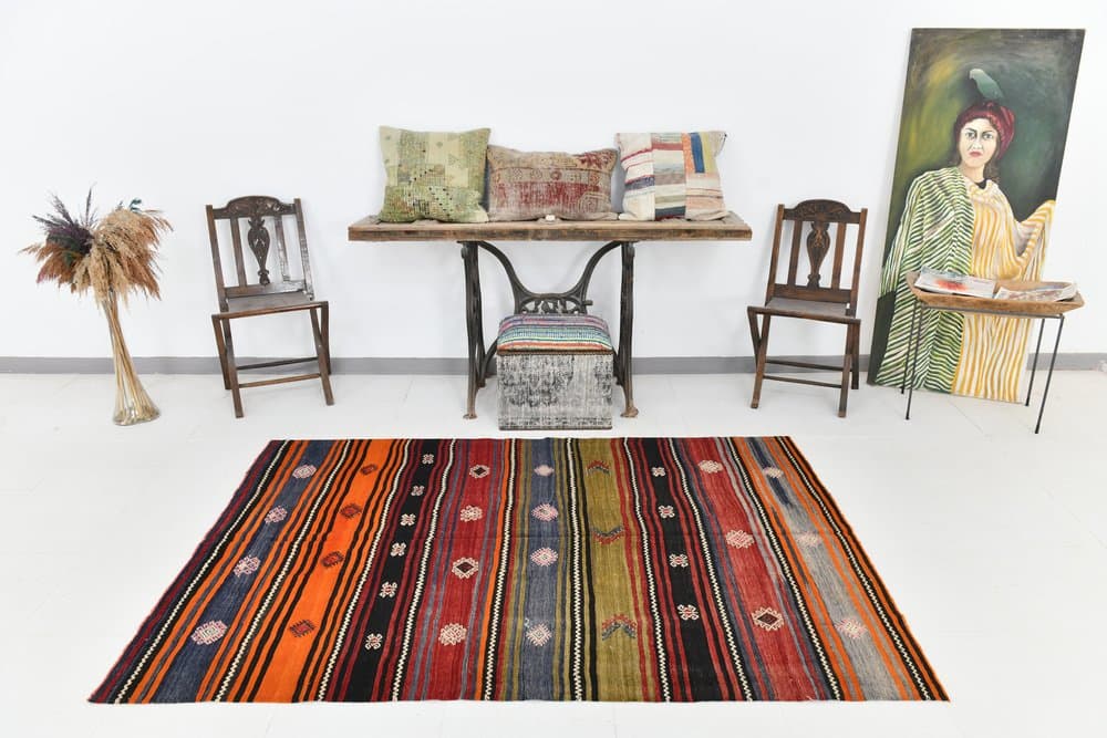 Kilim 208x147 cm, czarny, niebieski, wełna, lata 70. - 212451