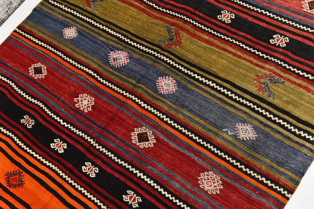 Kilim 208x147 cm, czarny, niebieski, wełna, lata 70. - 212452