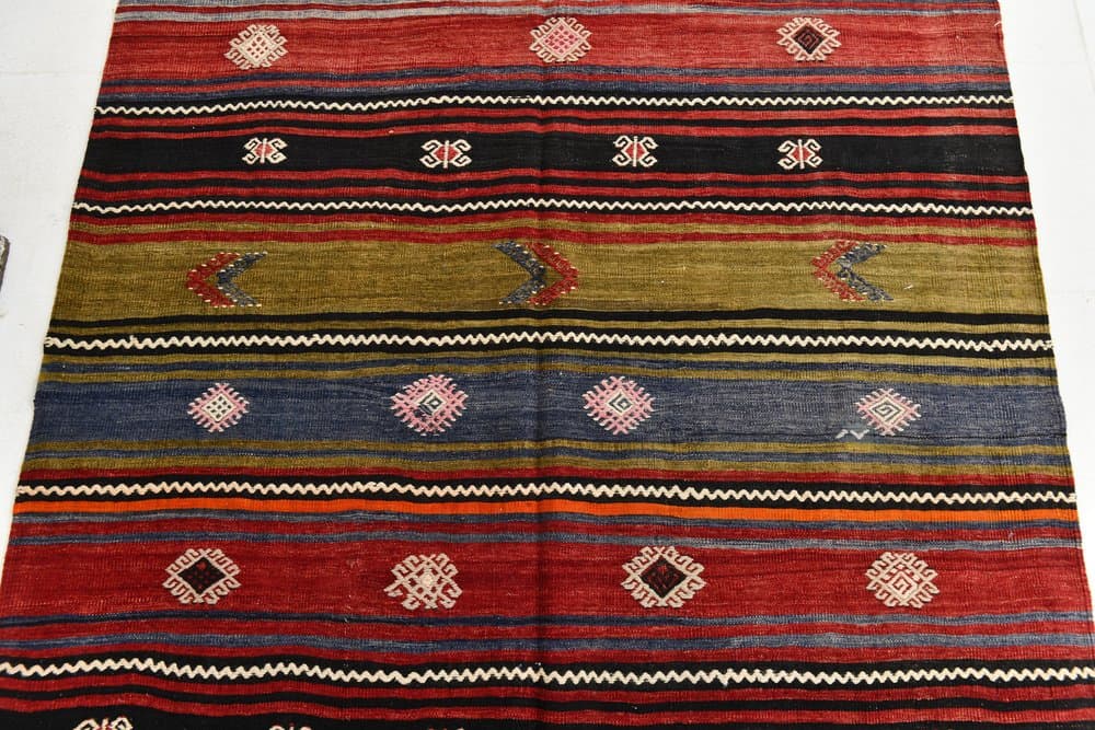 Kilim 208x147 cm, czarny, niebieski, wełna, lata 70. - 212453